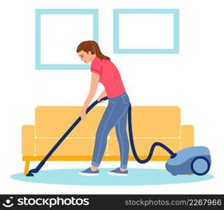 Girl washing carpet with vacuum cleaner. Housework help isolated on white background. Girl washing carpet with vacuum cleaner. Housework help