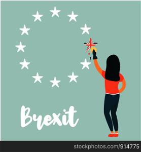 Girl washing out Great Britain from EU emblem. Vector political illustration. Brexit concept. Girl washing out Great Britain from EU emblem