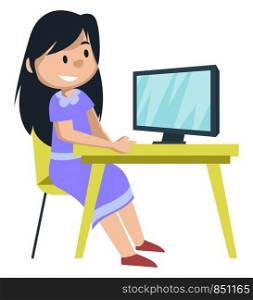 Girl watching on monitor, illustration, vector on white background.