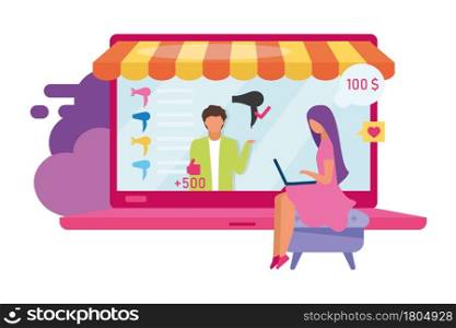 Girl watching product review video flat concept vector illustration. Young woman shopping from laptop isolated 2D cartoon character on white for web design. Popular influencer opinion creative idea. Girl watching product review video flat concept vector illustration
