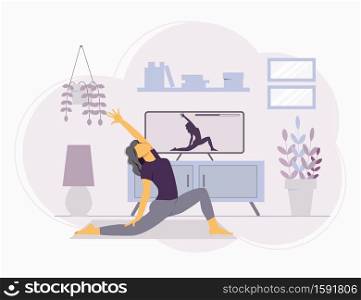Girl watching yoga online classes at home. Stay home concept in interior. Practicing yoga and meditation remotely. Vector flat illustration isolated on white background. Girl watching yoga online classes at home. Stay home concept in interior. Practicing yoga and meditation remotely. Vector flat illustration