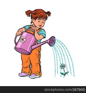 Girl watering can watering a flower. Isolate on white background. Pop art retro vector illustration kitsch vintage. Girl watering can watering a flower