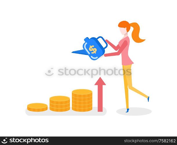 Girl watering gold coins, money profit and business growth concept vector. Easy earning increase, chart arrow and dollar sign, isolated female character. Money Profit Growth Concept, Girl and Watering Can
