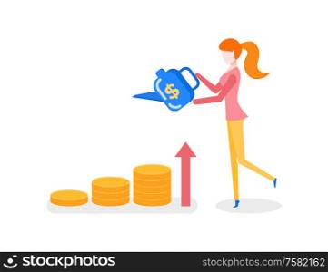 Girl watering gold coins, money profit and business growth concept vector. Easy earning increase, chart arrow and dollar sign, isolated female character. Money Profit Growth Concept, Girl and Watering Can