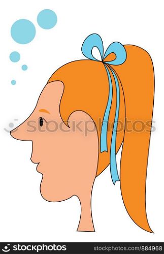 Girl wearing a blue ribbon, illustration, vector on white background.