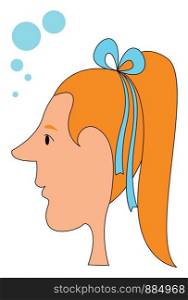 Girl wearing a blue ribbon, illustration, vector on white background.
