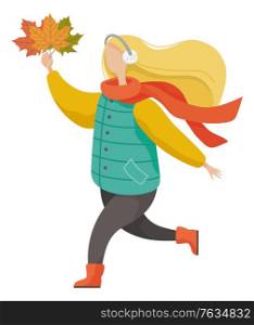 Girl wearing casual and warm clothes holding leaves. Happy woman listening music in headset. Female character running with yellow foliage in autumn park. Person in scarf going outdoor vector. Woman Running with Leaves in Autumn Park Vector