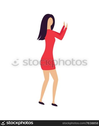 Girl wearing dress dancing indoor, woman moving element, side and full length view of dancer character, person in nightclub or concert, disco vector. Girl Moving in Nightclub or Concert, Dancer Vector