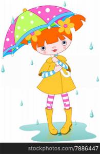 Girl wearing rain gear, carrying umbrella