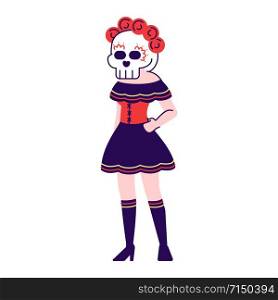 Girl wearing sugar scull face flat vector illustrations set. Cartoon character with outline elements isolated on white background. Dia de los Muertos celebration outfit. Mexican day of dead