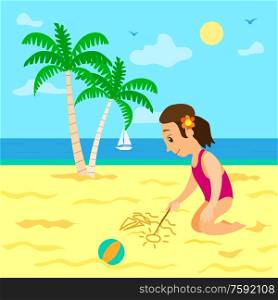 Girl wearing swimming suit vector, vacations of child summertime fun. Person drawing on sand with stick, palms and sailboat, ball laying on hot sand. Summer Vacations Girl Drawing Image on Sand Vector