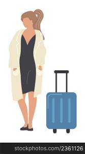 Girl wearing white coat with black dress semi flat color vector character. Posing figure. Full body person on white. Traveler simple cartoon style illustration for web graphic design and animation. Girl wearing white coat with black dress semi flat color vector character