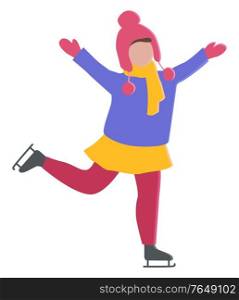 Girl wearing winter clothes, warm clothing made of woolen material. Isolated child in skating boot. Childhood of character gesturing with joy. Happy kid in cold season of year. Vector in flat style. Small Girl Skating Outdoors Winter Sports Hobby