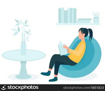 Girl with a book sits on a beanbag chair, vector illustration. Concept, a woman reads in an apartment. Leisure and quiet pastime, self-education. Rest at home.. Girl with a book sits on a beanbag chair, vector illustration.