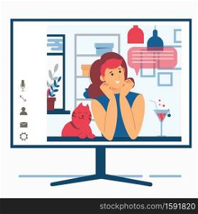 Girl with a cocktail communicates online online at home. Chat with friends. Communication remotely in quarantine. Flat illustration isolated on a white background.
