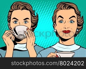Girl with a Cup of tea or coffee pop art retro style. Hot drinks. Breakfast business woman. Girl with a Cup of tea or coffee
