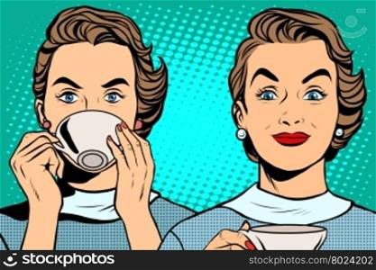 Girl with a Cup of tea or coffee pop art retro style. Hot drinks. Breakfast business woman. Girl with a Cup of tea or coffee