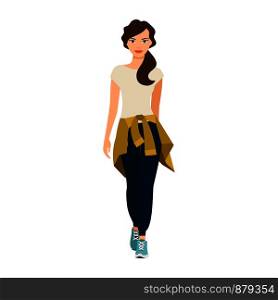 Girl with a knitted sweater on her belt isolated vector illustration on white background. Girl with knitted sweater on waist
