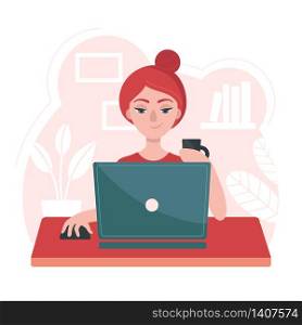 Girl with a laptop sits at a table. Concept of freelance, job at home. Stay at home. Prevention of coronavirus. Temporary isolation, quarantine. Flat vector illustration.