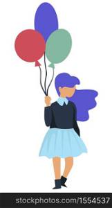 Girl with balloon childish holiday Birthday party surprise vector child or kid having fun event celebration and congratulation wish and greeting festive decor gift or present anniversary guest.. Childish Birthday party girl with balloons holiday celebration