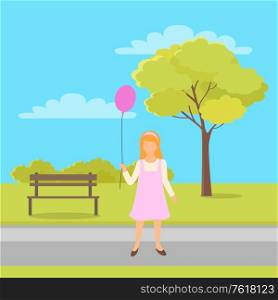 Girl with balloon in hands walking in green city park with bench. Vector child in pink dress with inflatable toy. Summertime or spring, teenage walks outdoors. Girl with Balloon in Hands Walk in Green City Park