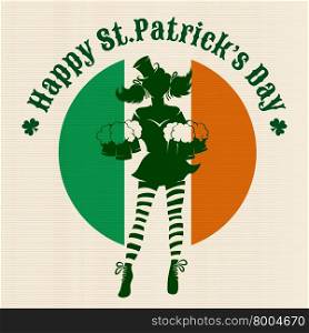 Girl with beer silhouette against irish colors. St. Patrick&rsquo;s Day Party logo or emblem.