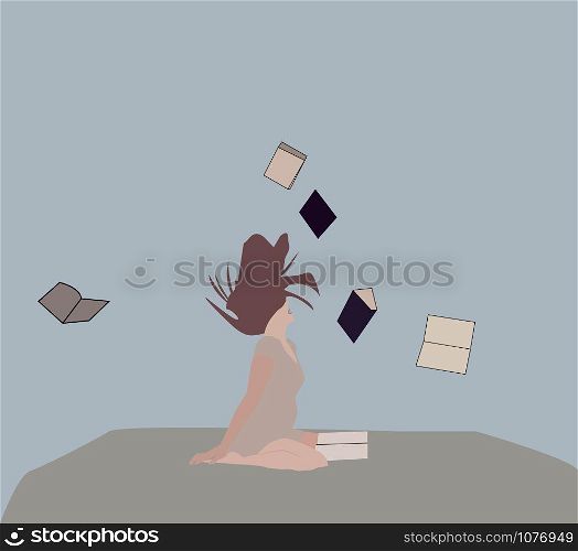 Girl with books, illustration, vector on white background.