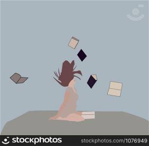 Girl with books, illustration, vector on white background.