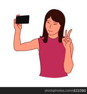 Girl with brown hair, smiling, posing, taking a selfie on smartphone. Hand drawn style doodle design illustration