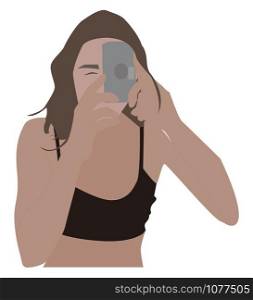 Girl with camera, illustration, vector on white background.