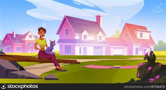 Girl with cat sitting on log on green lawn with village houses on background. Summer countryside landscape with woman holding kitten, books on mat on grass, vector cartoon illustration. Girl with cat sitting on log on green lawn