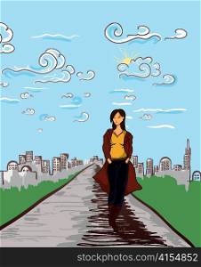 girl with city vector illustration