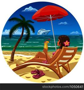 girl with cocktail in lounge chair on beach. girl on beach