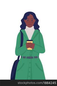 Girl with coffee in coat semi flat color vector character. Posing figure. Full body person on white. Autumn isolated modern cartoon style illustration for graphic design and animation. Girl with coffee in coat semi flat color vector character