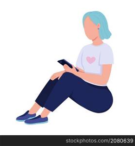 Girl with colored hair looks at phone semi flat color vector character. Full body person on white. Youth subculture isolated modern cartoon style illustration for graphic design and animation. Girl with colored hair looks at phone semi flat color vector character