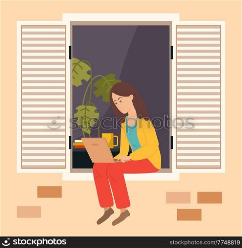 Girl with computer is working at home. Woman on freelance is sitting on balcony of her house. Female character is resting at home. Citizen stays at home, daily life routine, hobby time relaxing. Girl with computer is working at home. Woman on freelance is sitting on balcony of her house