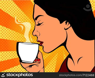 Girl with Cup of coffee pop art retro style. Restaurants and coffee shops. A hot beverage. Courage love and care.