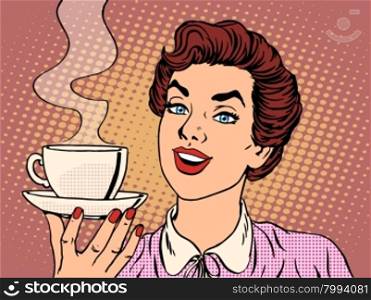 Girl with Cup of coffee pop art retro style. Restaurants and coffee shops. A hot beverage. Courage love and care. Girl with Cup of coffee