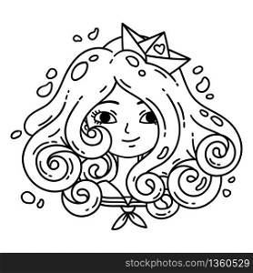 Girl with curly hair. Sea girl. Girl with blue hair. Paper boat. Isolated objects on white background. Vector illustration. Coloring pages. Black and white illustration.