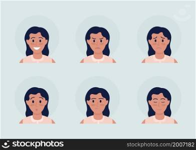 Girl with different emotions semi flat color vector character avatar set. Casual style. Portrait from front view. Isolated modern cartoon style illustration for graphic design and animation pack. Girl with different emotions semi flat color vector character avatar set