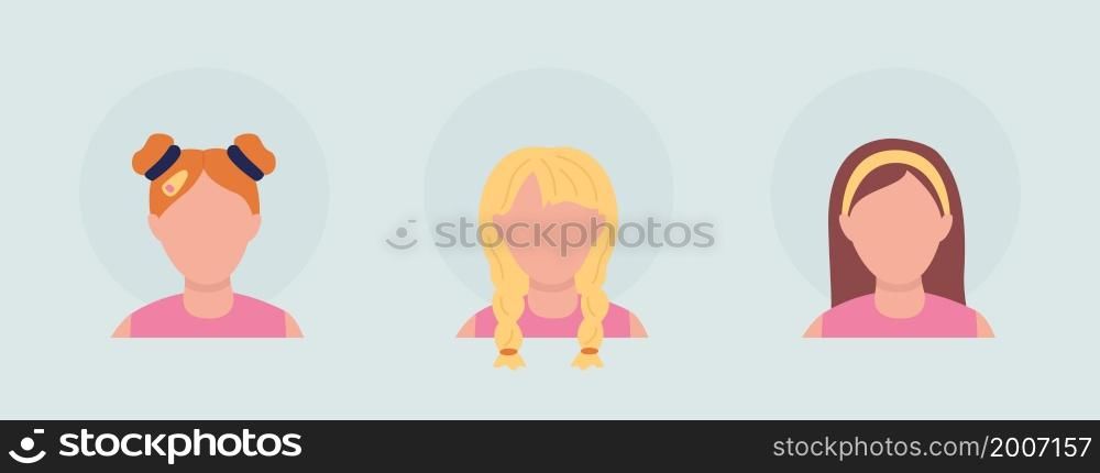Girl with different hair color semi flat color vector character avatar set. Portrait from front view. Isolated modern cartoon style illustration for graphic design and animation pack. Girl with different hair color semi flat color vector character avatar set