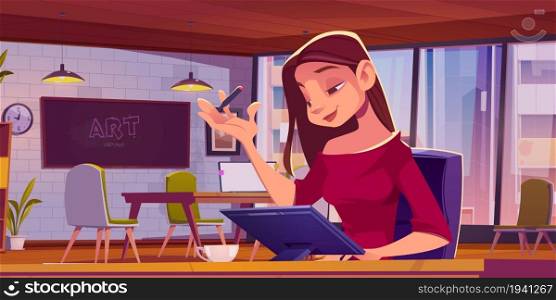 Girl with digital tablet works in open space office. Vector cartoon illustration of woman designer and coworking workplace interior with blackboard, tables, laptop and chairs. Girl with digital tablet works in coworking office