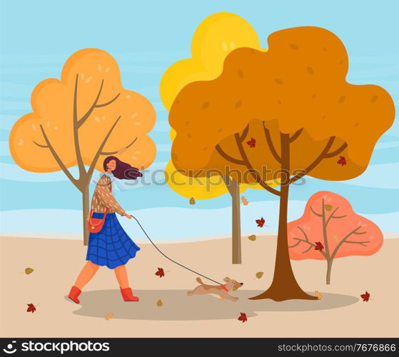 Girl with dog, autumn outdoor activity, owner walking with pet, female character in park vector. Puppy and woman in windy weather, fallen leaves. Fashion clothes and domestic animal illustration. Autumn Landscape, Girl Walking with Dog in Park