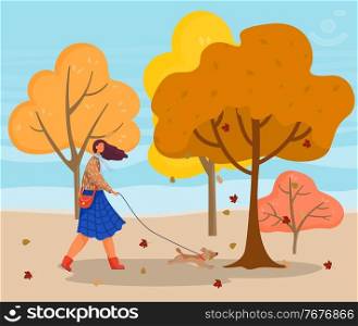 Girl with dog, autumn outdoor activity, owner walking with pet, female character in park vector. Puppy and woman in windy weather, fallen leaves. Fashion clothes and domestic animal illustration. Autumn Landscape, Girl Walking with Dog in Park