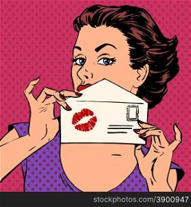 girl with envelope for letter and kiss lipstick pop art . girl with the envelope for the letter and kiss lipstick pop art retro style