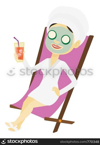 Girl with face mask and towel on head lying in chaise lounge in beauty salon. Girl relaxing in beauty salon. Girl having beauty treatments. Vector flat design illustration isolated on white background. Woman getting beauty treatments in the salon.