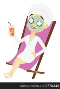 Girl with face mask and towel on head lying in chaise lounge in beauty salon. Girl relaxing in beauty salon. Girl having beauty treatments. Vector flat design illustration isolated on white background. Woman getting beauty treatments in the salon.