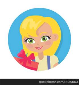 Girl with Fair Hair and Giftbox. Cartoon Style. Girl with fair hair and forelock avatar userpic. Portrait of female person with green eyes. Yellow t-shirt. Big red gift box. Blonde woman in cartoon style. Flat design. Vector illustration