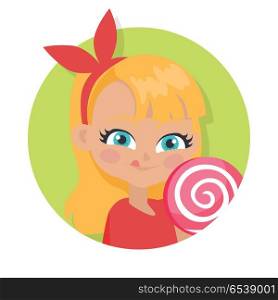 Girl with Fair Long Hair and Red Bow. Big Lollipop. Girl with long hair and red bow on head suck candy. Portrait of nice female person with blue eyes. Red blouse. Big lollipop. Cartoon style. Kindergarten concept. Flat design. Vector illustration