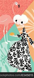 Girl with flamingo and Henri Matisse inspired decoration, vector illustration